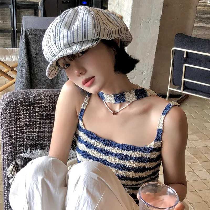 Janese Retro Striped Pleated Berets C for Women Spring and Summer Travel Sunscreen Casual Niche Retro Painter Hats Men XJ250807