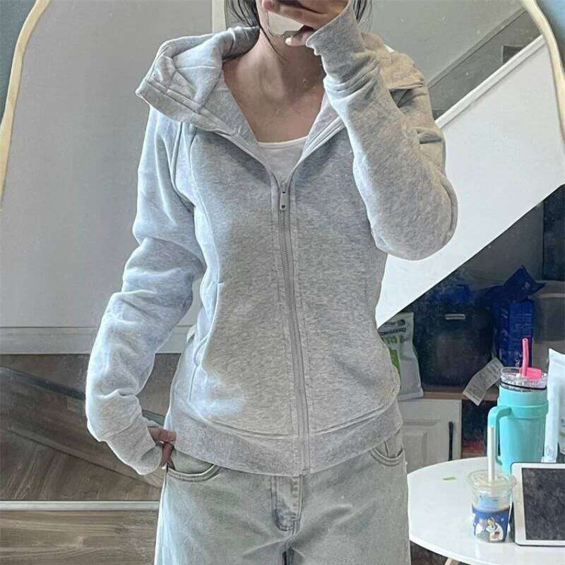 Cotton Sweatshirt for Women Spring Autumn Korean Versatile Trendy Sporty Slim Fit Hooded Coats Girls Grey Zipper Cardigan