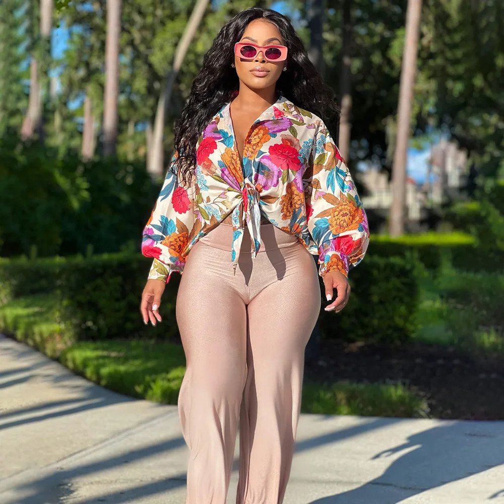 Women Silk Printed Casual Shirt Top Women Lantern Long Loose Blouse Female Clothes 250806