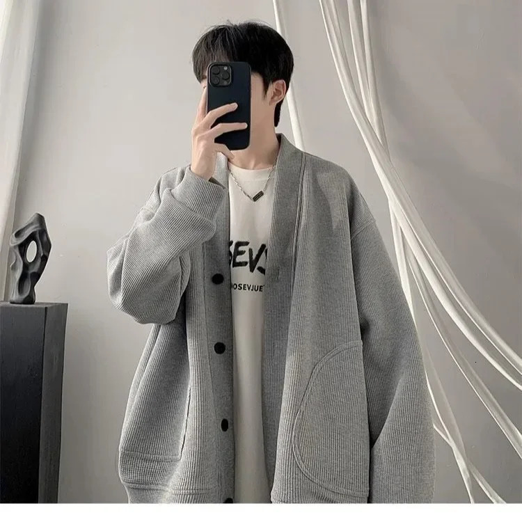 WalF Checks VNeck Cardigan Sweatshirt Mens Spring And Autumn Style American Vintage Heavyweight Hip Hop Trendy LooseFit 250807