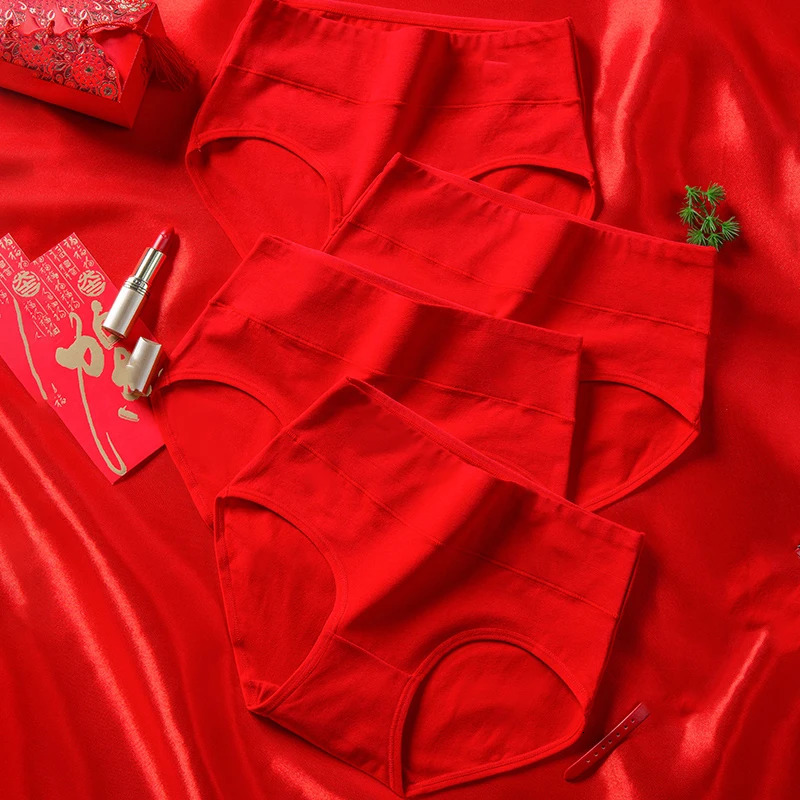 4PcsSet Women Panties Cotton Good Luck Red Intimates Soft Breathable Comfort Underpants Female Underwear Seamless Girls Briefs 250807