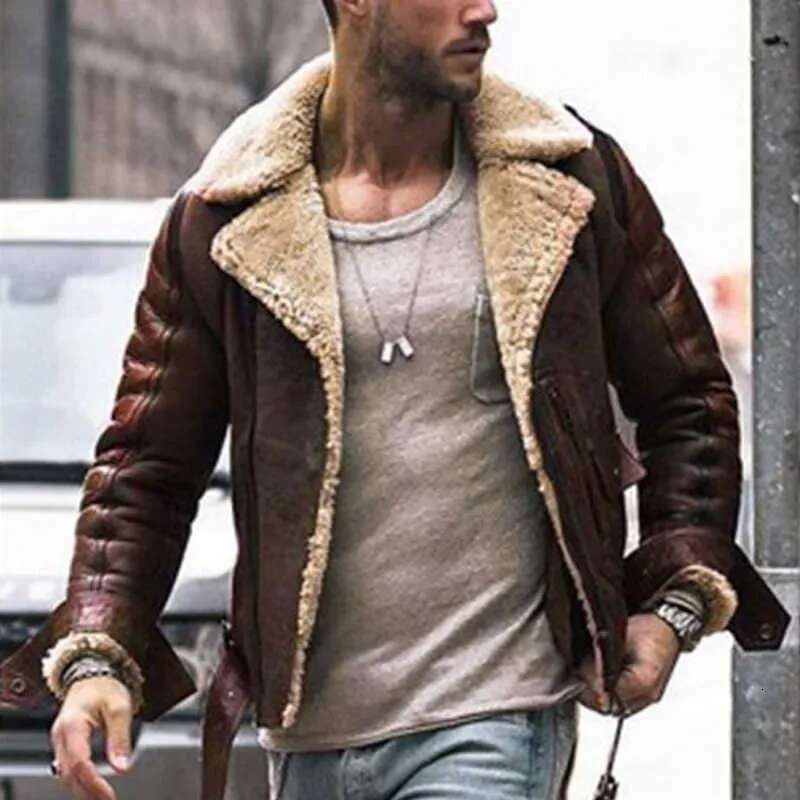 Men's Faux Fur Winter Imitation Biker Motorcycle Zipper Long Sleeve Top Streetwear Leather Jacket Men Coat T221007