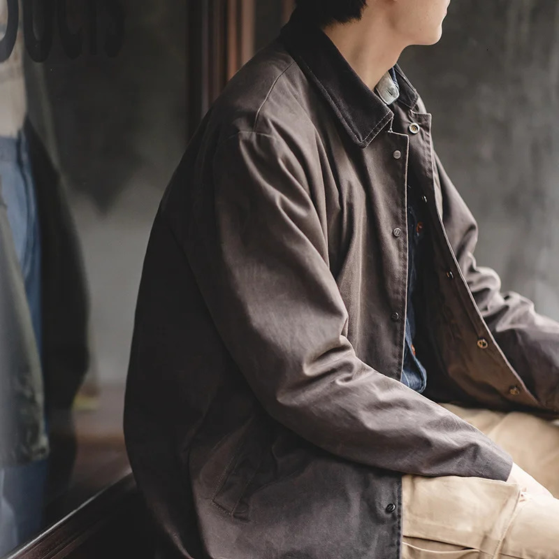 Maden Mens Vintage Waxed Windbreaker Corduroy Turndown Collar Midlength Overcoat Windproof and Waterproof Trench Loose Jacket 250804