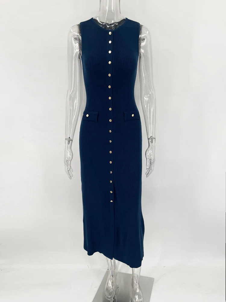 Knit Ribbed Cardigan Maxi Dress Female High Waist Slim Pocket Sleeveless Elegant Party Dress Womens Knitwear Long Dress 250806