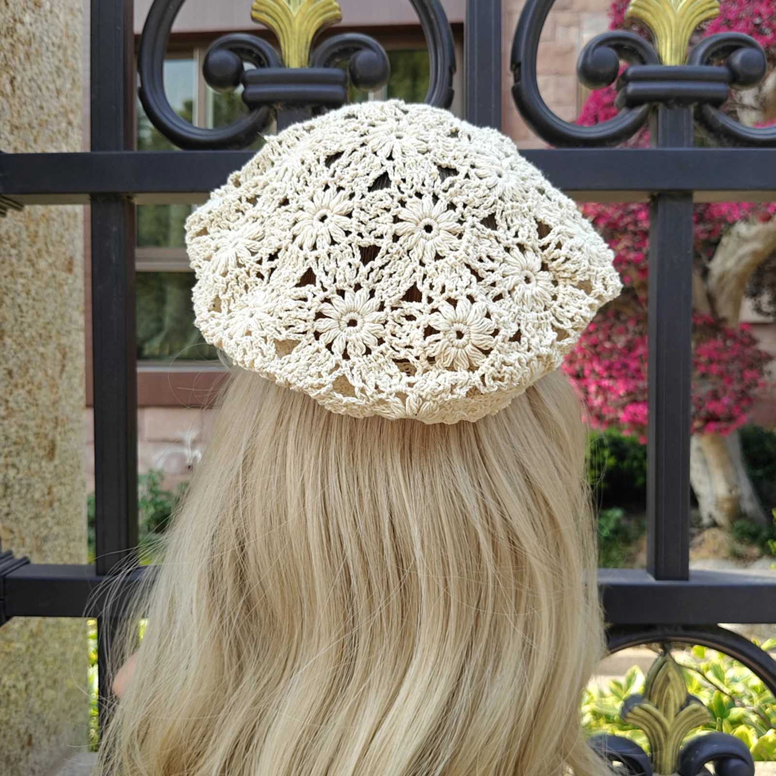 Elegant Hollowed Flower Crochet Knit Beret Hat Women Boho Ethnic Painters C Artist Hat for Summer Fall Holiday Beige Berets XJ250807