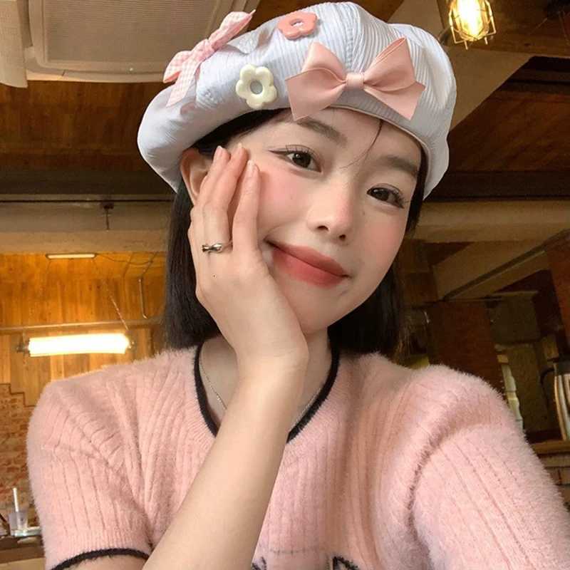 RICYGVM Korean Girl Beret Bow Flower Button Decor Octagonal Hat Japanese Artist Painter C Sweet Women Berets Beanies Bonnet Hat XJ250807