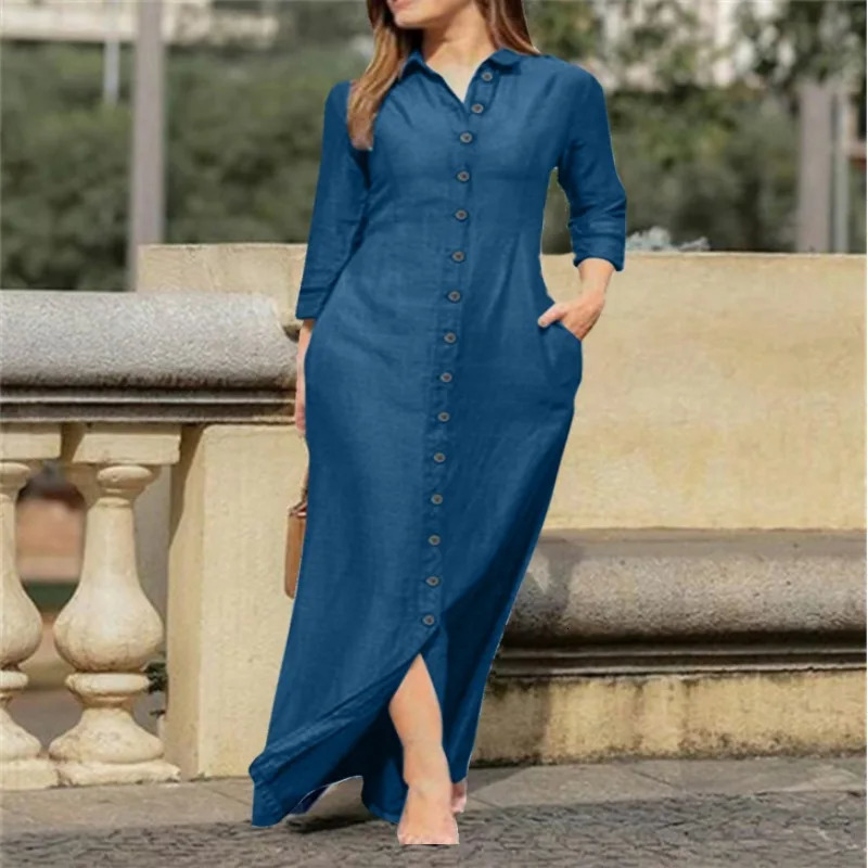 Elegant and Fashionable Neutral Style Long Sleeved Cardigan Solid Color Long Cotton and Linen Dress Temperament Party Dress 250806