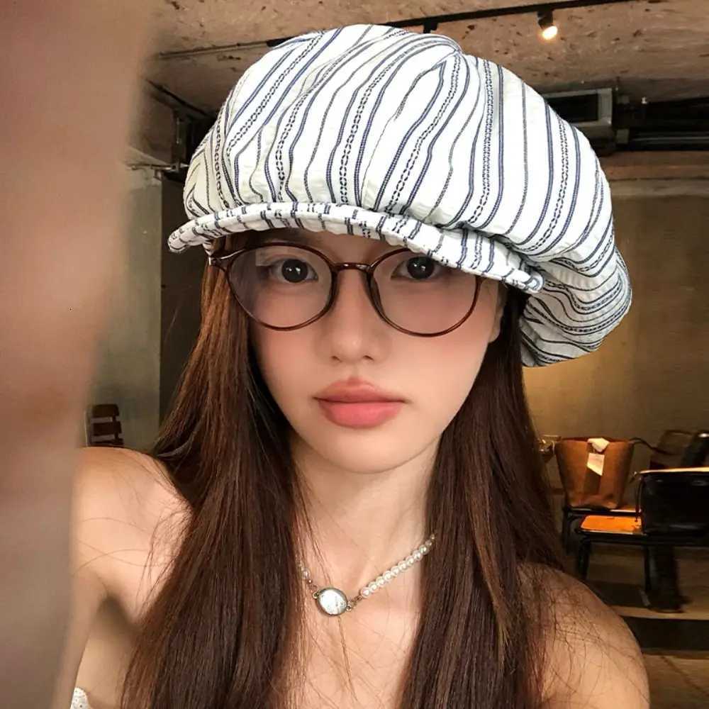 New Spring Summer Striped Berets Thin Y2k Octagonal Hat Casual Sunscreen Painter Cs Female XJ250807