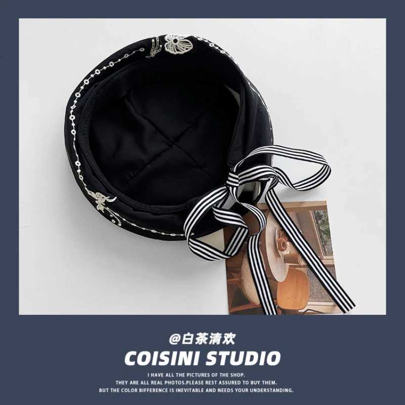 Japanese Retro Bow Streamer Sailor Hat for Women Summer Light and Breathable Versatile Sun Protection Fashion Embroidered Berets XJ250807