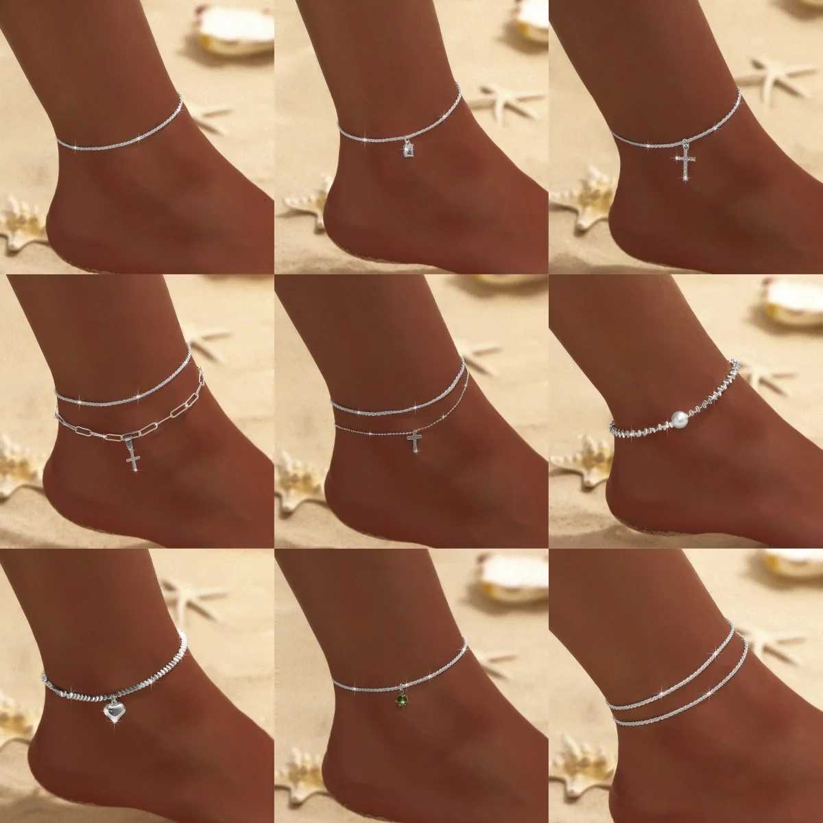 Summer Shiny Sparkling Simple Silver Color Anklet Zircon Cross Pearl Double Layer On Leg Foot Trendy Beach Jewelry Y250805