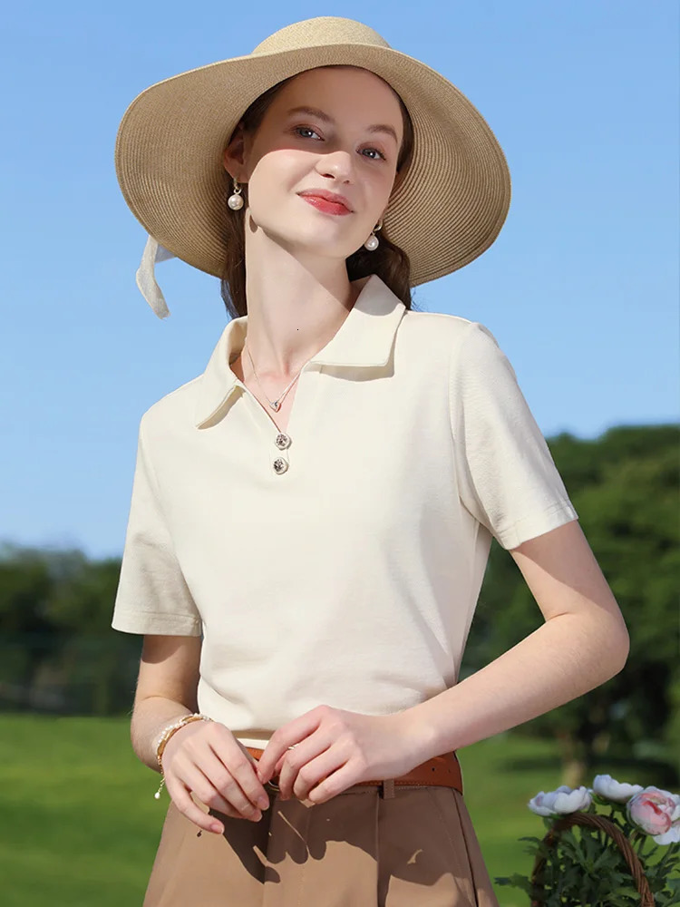 I BELIEVE YOU Women TShirt Summer Slimming Apricot French Polo VNeck Pique Breathable Commuting Short Sleeve 225950 250729