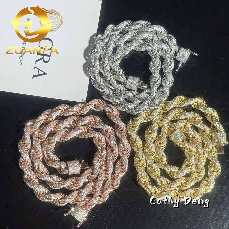 10MM 3 Color Twist Sier Rope Fully Iced Out Moissanite Dia Link Bracelet Hip Hop Jewelry Men Necklace Chain