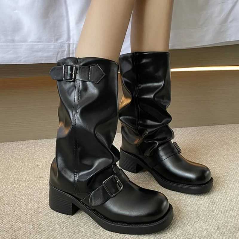2025 Autumn New Pleated Buckle Knight Boots For Women Mid Calf Boots Slip On Casual Cool Girls Thick Heel Riding Botas Mujer XJ250807