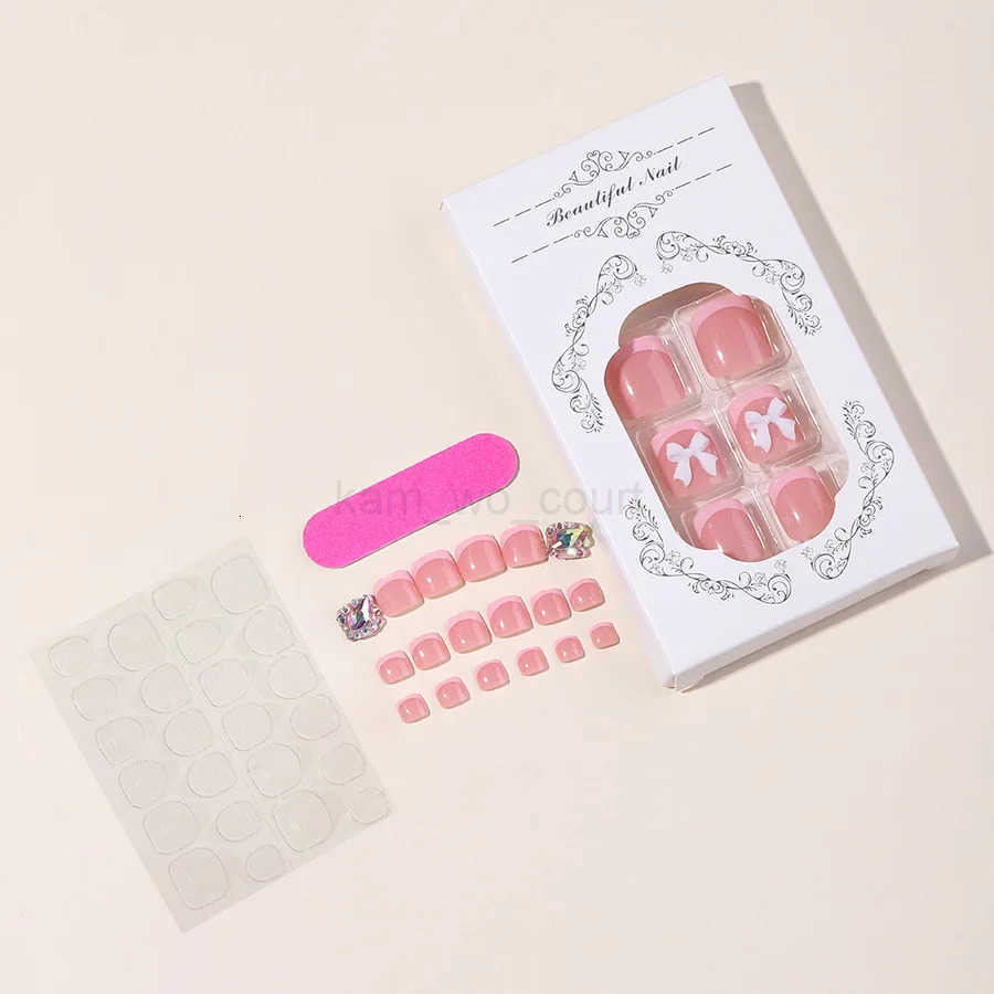 24pcs French Pink False Toenails White Bow Design Summer Press On Nails for Feet Wearable Square Fake Nails Patch Manicure Set M250807