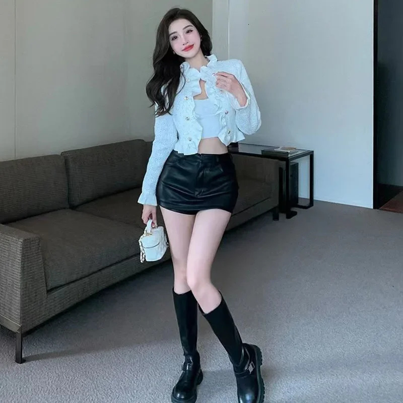 Lucyever White Cropped Jackets for Women Korean Fashion Ruffles DoubleBreasted Coat Ladies Elegant Chic Short Tweed Cardigans 250807