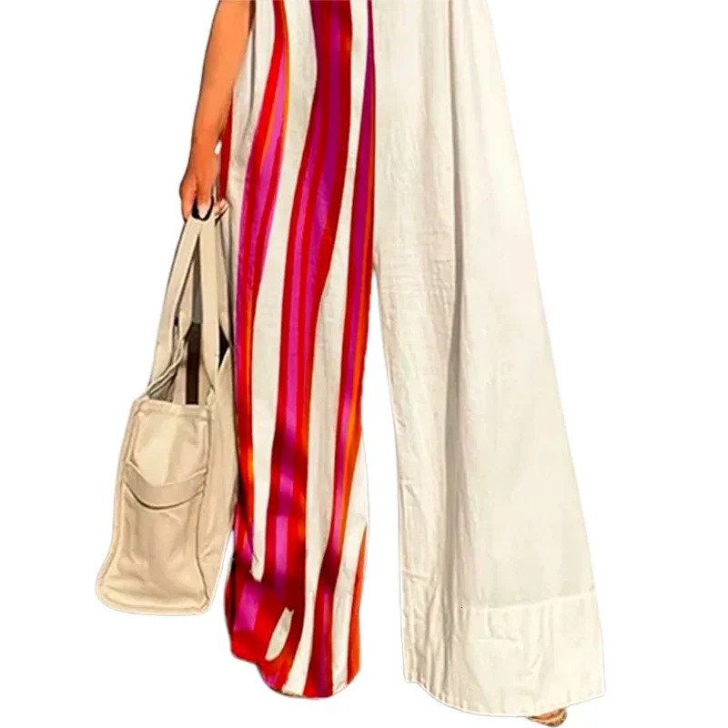 Yeezzi 2025 Womens Contrast Color Striped Wide Leg Jumpsuits Summer Sleeveless Casual Fashion One Piece Suits Streetwear 250804