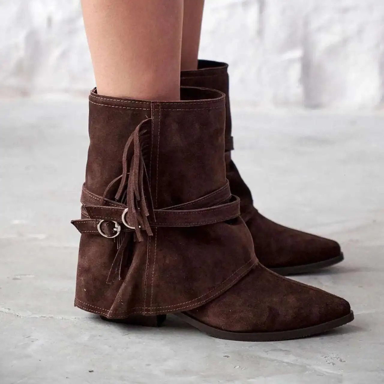 Suede Tassel Western Boots High Heels Womens Short Boots 250805