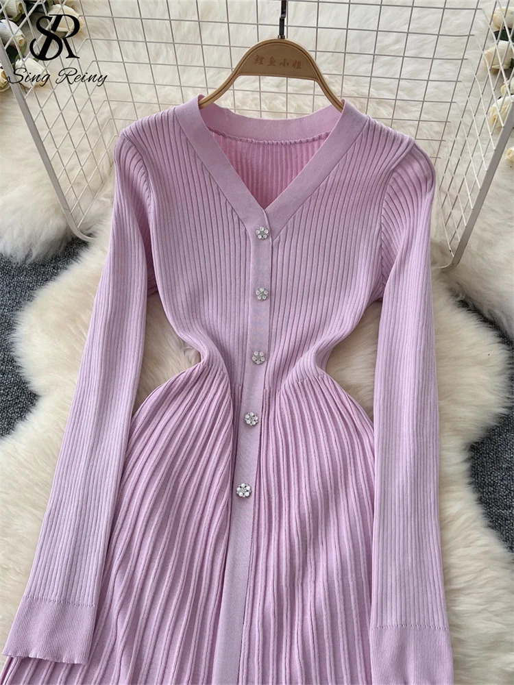 SINGREINY Autumn Knitting Sweater Dress Ladies V-Neck Single Breasted Full Sleeve Soft Slim Senior Knitted Casual Long Dress 250806
