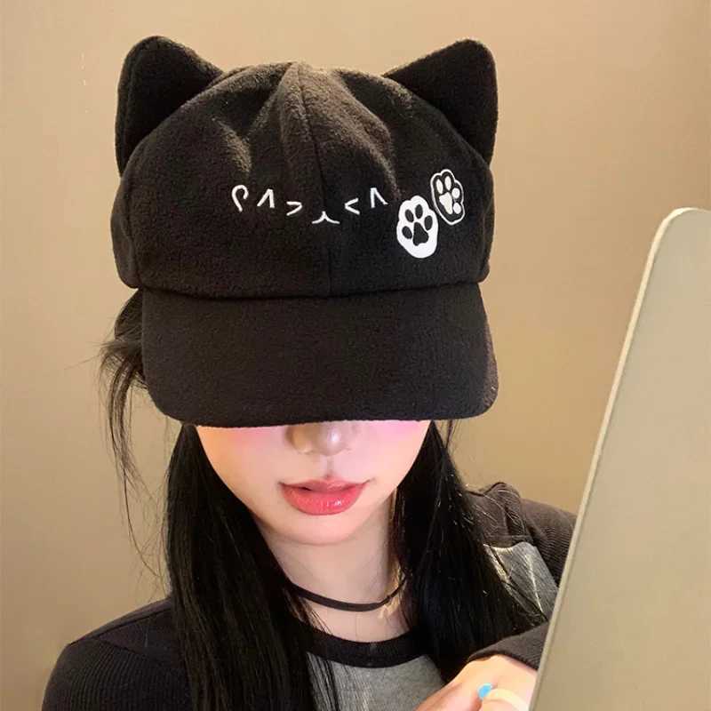Janese Cute Cat Ears Berets Cs for Women Summer Autumn Travel Versatile Sunscreen Casual Retro Black Newsboy Hats Y2k XJ250807