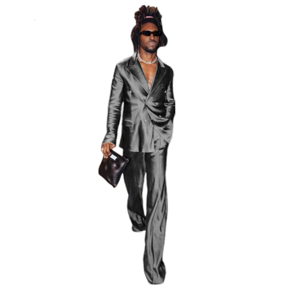 Mens Suit Satin Complete 2 Pieces Blazer Pants Costume ious Double Breasted ed Lapel Jackets Dancing Party Fashion 250807
