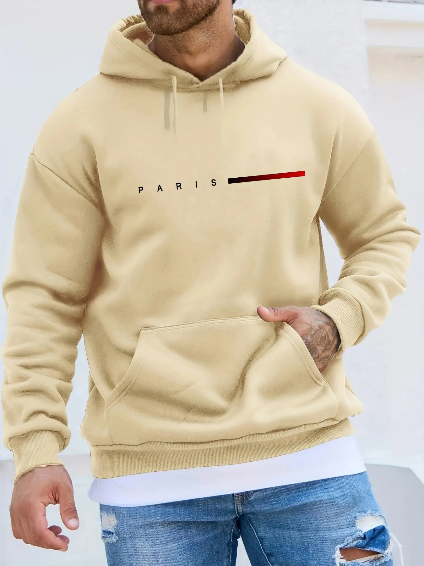 Mens autumn and winter casual fashion loose plus size Paris letter printed fleece warm pullover long sleeved hooded sweatshirt 250807