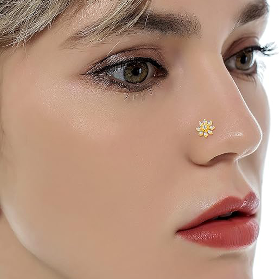 10Pcs Nose Ring Hoop Paved Flower Leaf Butterfly Feather CZ Cartilage Earrings Nose Piercing Jewelry for Women Men Gold Tone 20G