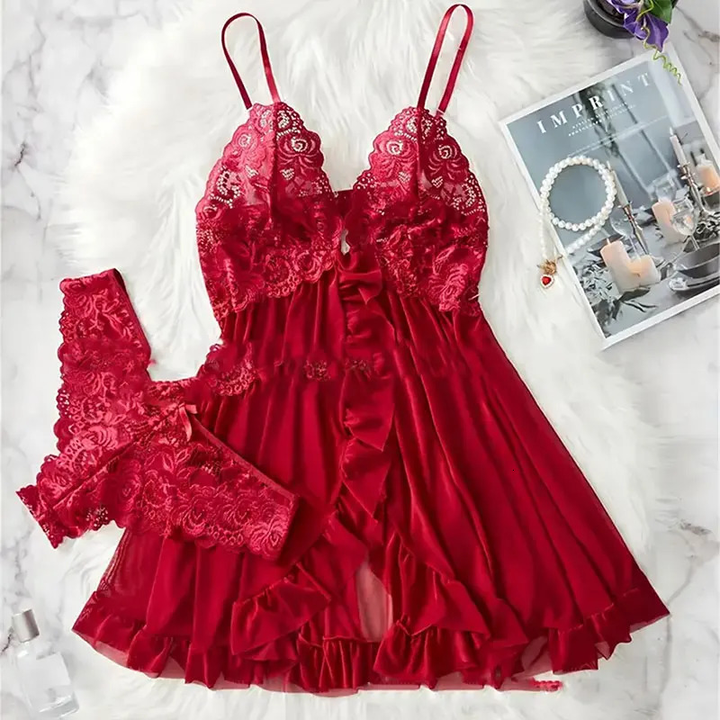 2 Pcs Set Sexy Lingerie Women Deep V Slip Dress Thong Erotic Bra Panty Sets Lace Nightdress Transparent Soft Nightgown 250807