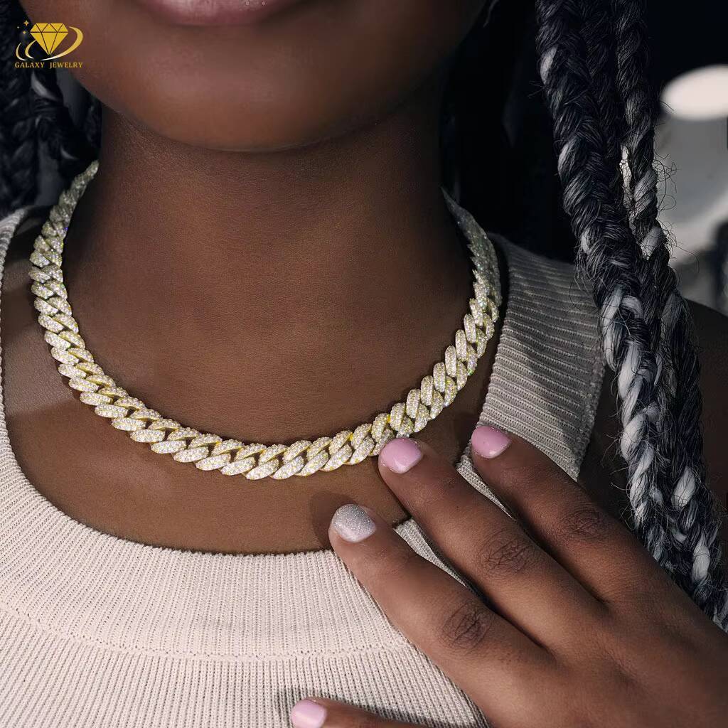 Hot Sale Iced Out 2Rows Miami Cuban Link Prong Chain Pass Tester Sterling Silver 10mm Moissanite Cuban Link Chain Necklace