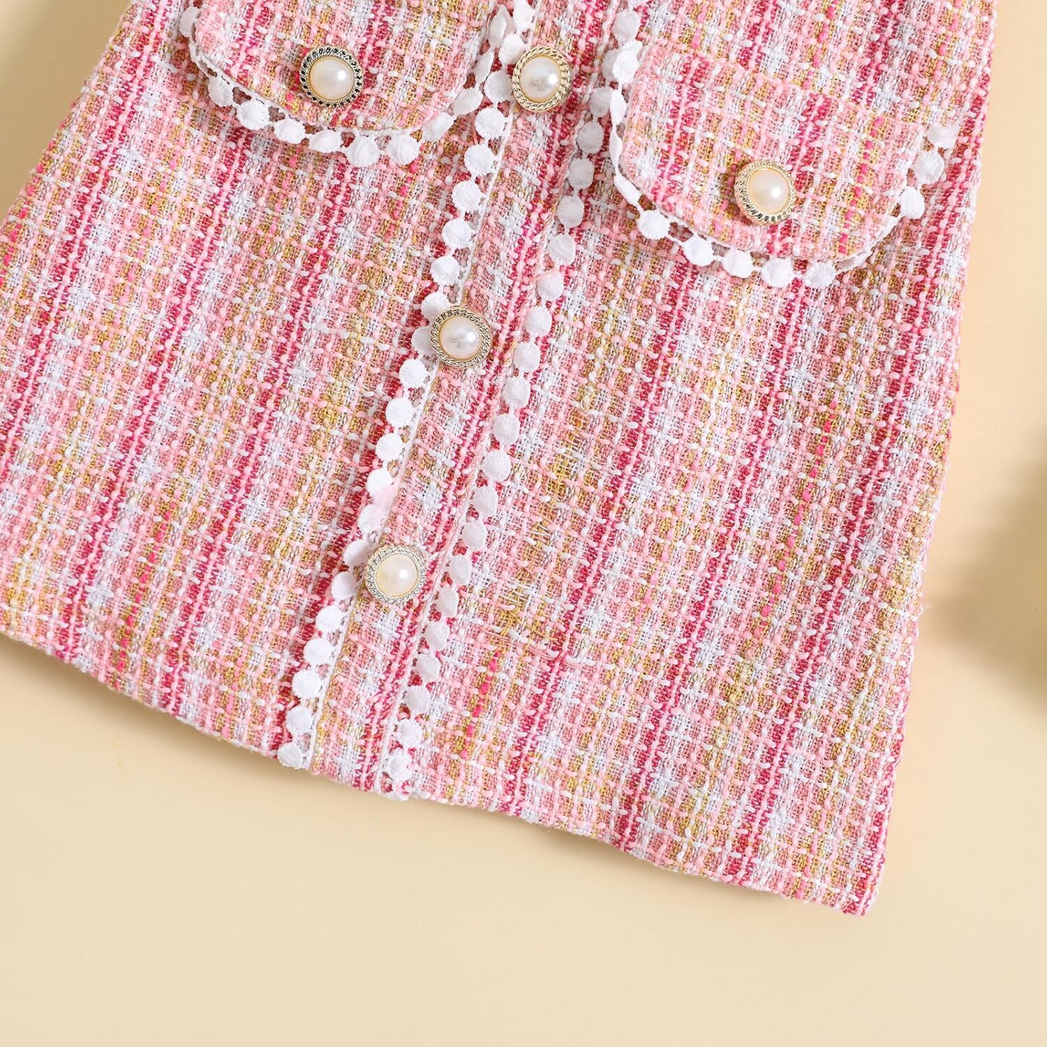 Toddler Baby Girls Tweed Plaid Dress Square Neck Puff Short Sleeve Fake Pockets Elegant Party Clothes