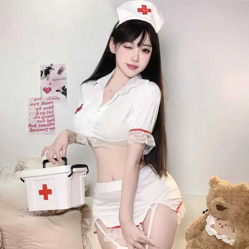 Japanese Cos White Nurse Uniform Cute Temptation Cosplay Short Sleeve Maid Outfit Sweet Sexy Sheer Short Skirt 2PCS Lingerie Set L250807