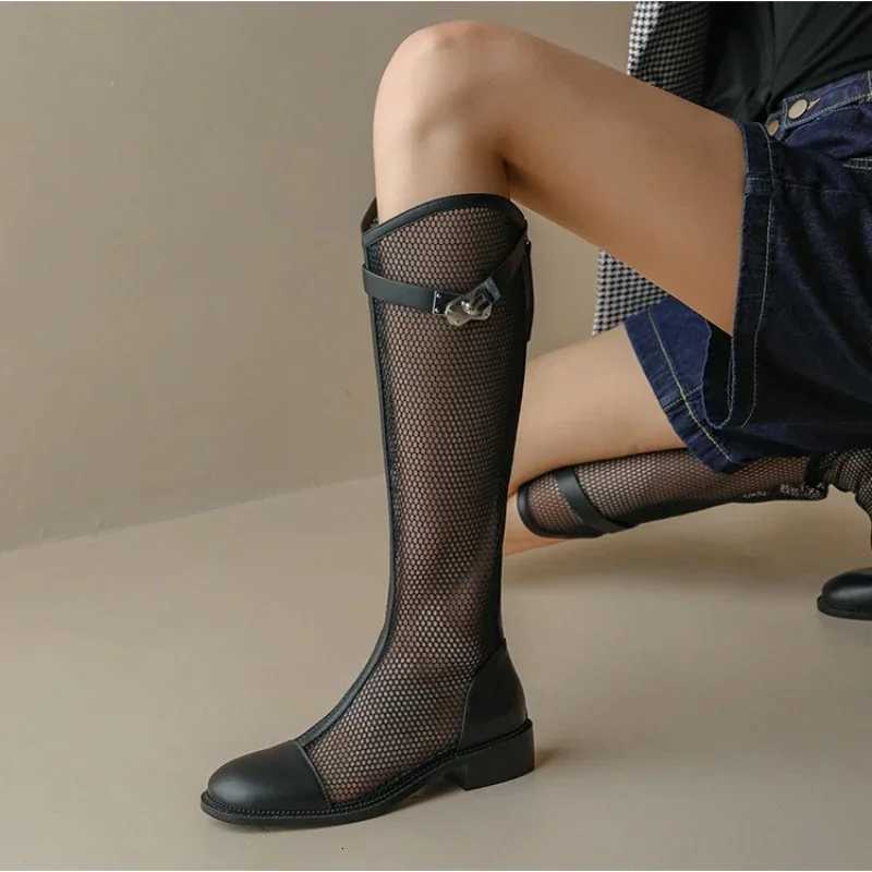 Female Summer Knee-High Mesh High Boots Women V-Mouth Breathable Mesh Knight Boots Thick Heel Hollow Long Cool Boots Womens Boots XJ250807