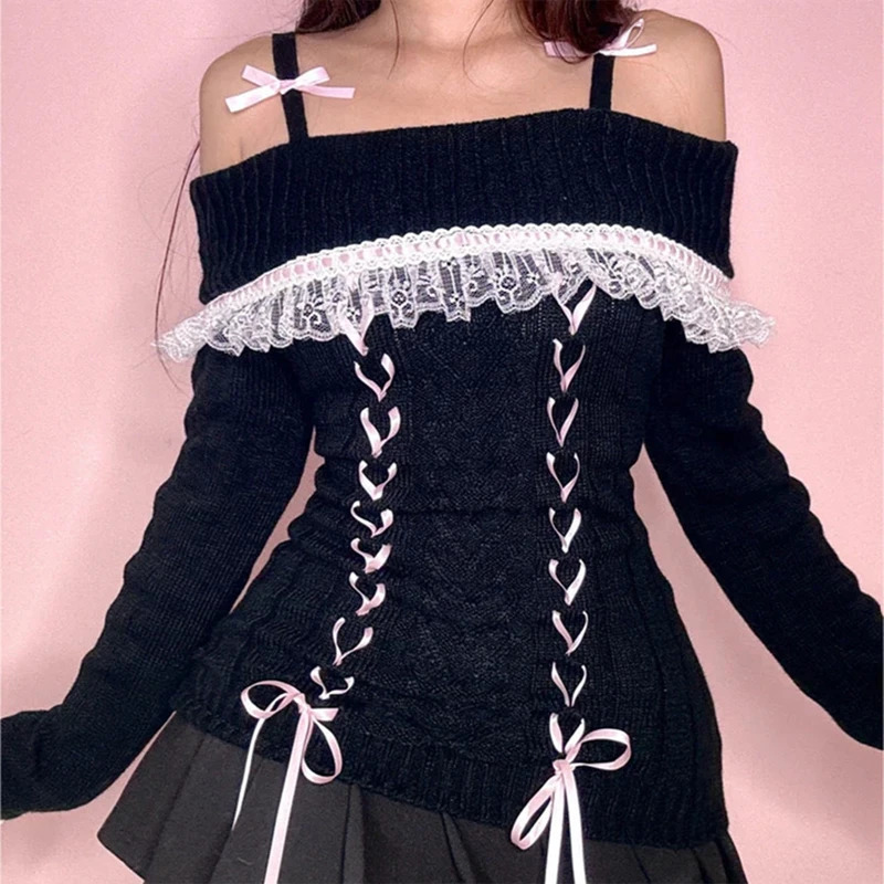 Y2k Cable Knitted Ribbon Tie-up Sweater Kawaii Lace Trim Off Shoulder Pullovers Preppy Aesthetic Vintage Jumpers Cute Outfits 250806