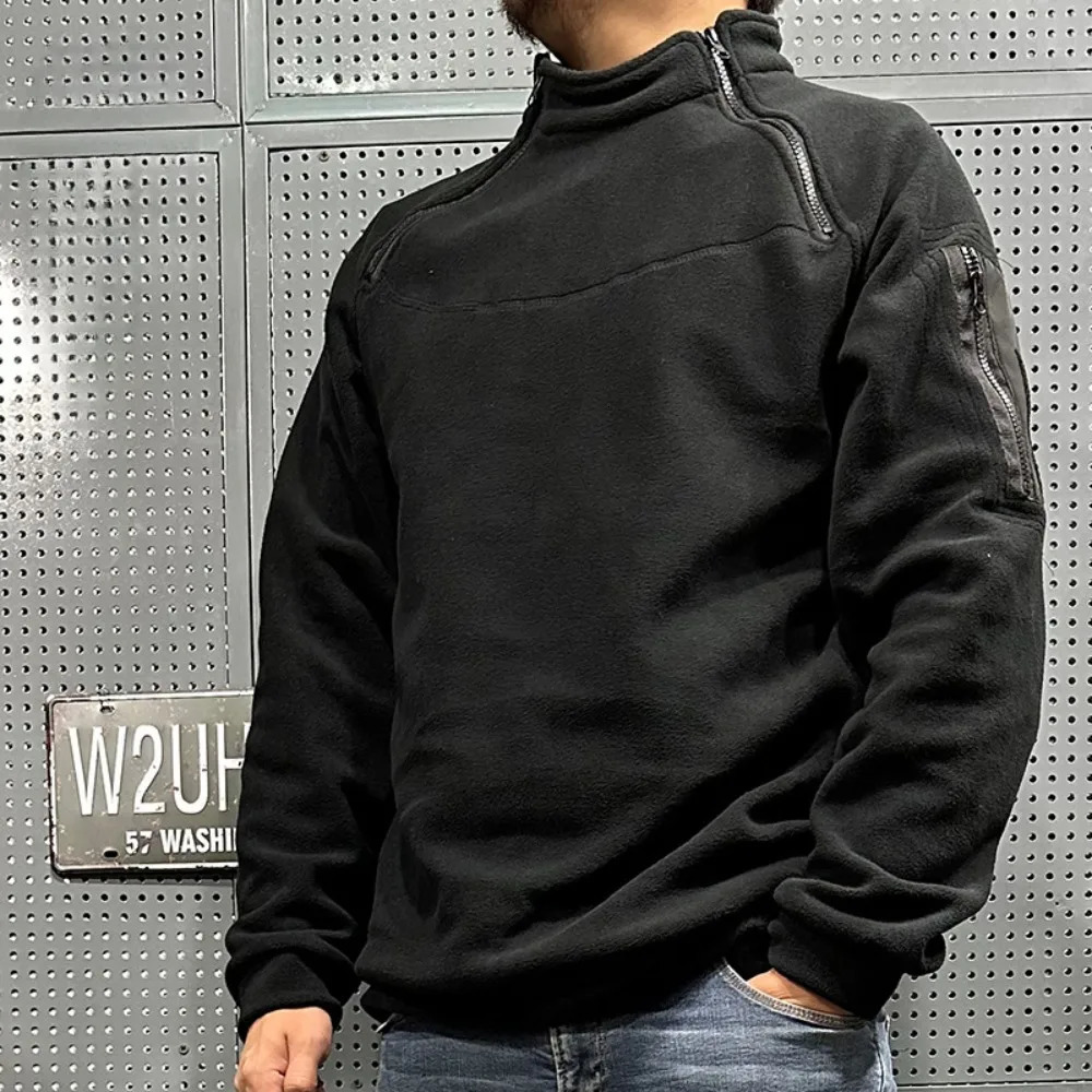 Mens Polar Fleece Outdoor Warm Breathable Tactical Zipper Standing Neck Long Sleeves Casual Solid Color Sweatshirt 250807