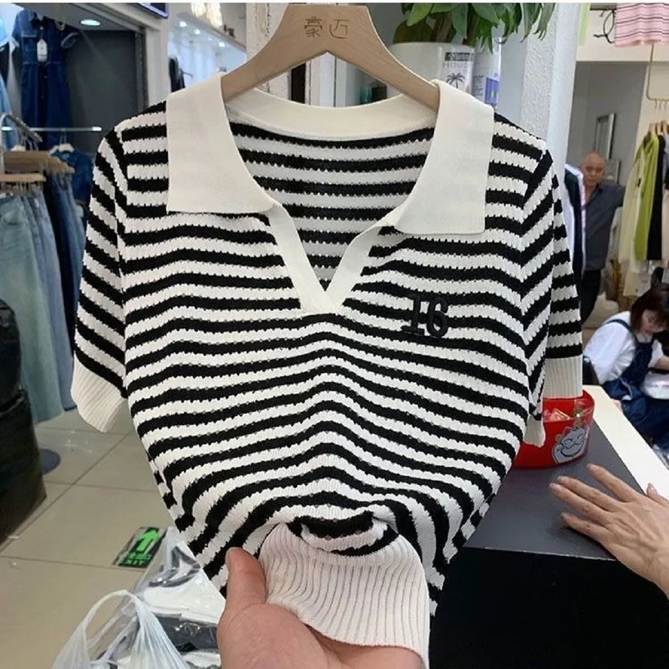 Summer Tee Hollow Out Contrast Colors Striped Patchwork Korean Fashion Casual Pullover Short Sleeve Polo Tops 250729