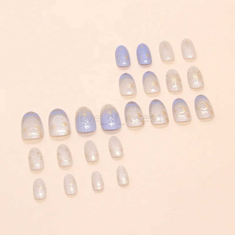 24pcs Romantic Y2k Star Press On Nails Gradient Blue French Style Gold Moon Designs Fake Nails Sweet Almond False Nails For Women Z250806