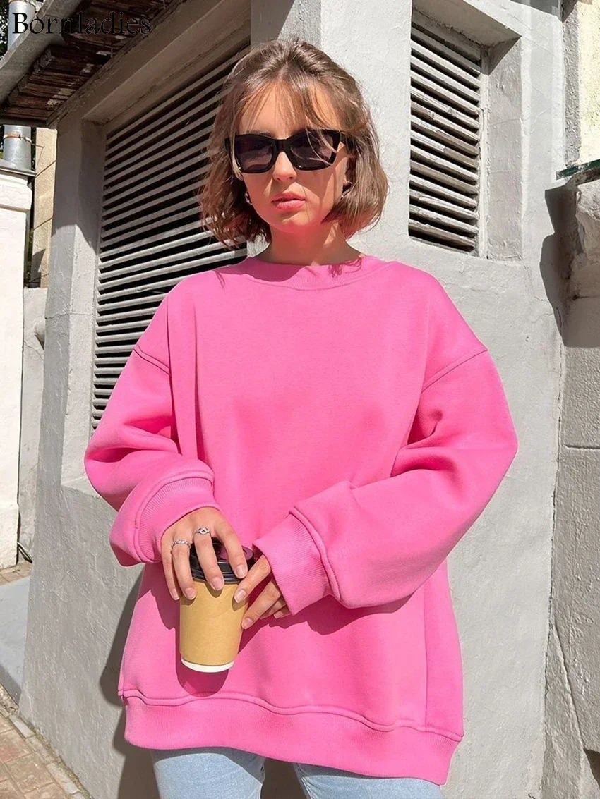 Bornladies Oversized Hoodies Sweatshirts for Women Autumn Winter Thick Warm Fleece Sweatshirt Girls Streetwear Loose Pullovers 250806