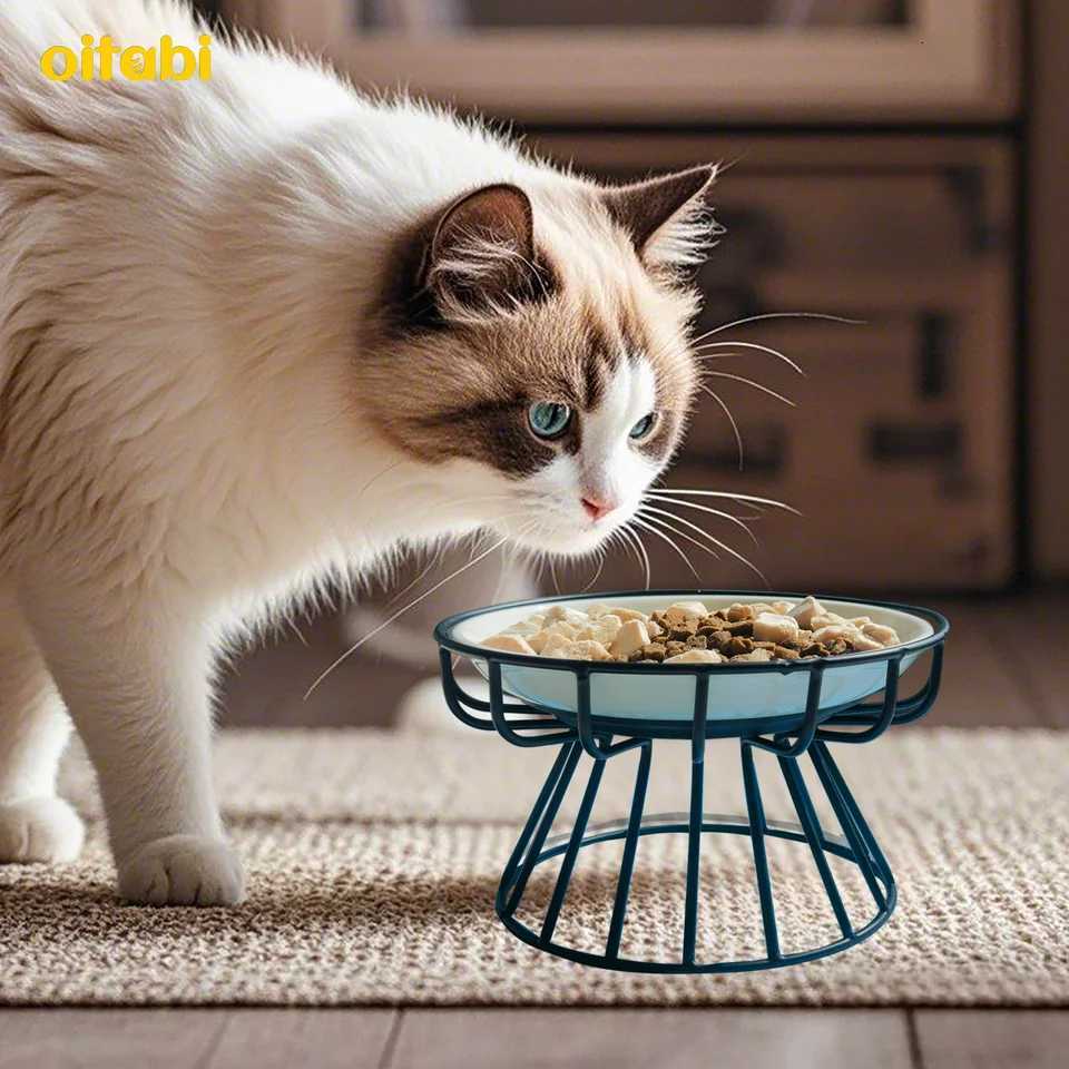 Oitabi Elevated Cat Bowl Raised Ceramic Cat Dish with Metal Stand Pet Water or Food Feeding Station for Cats and Small Dogs Y250806