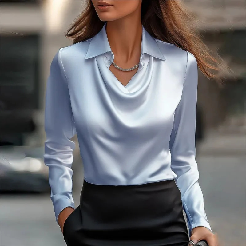 2025 Satin Women Shirt Vintage Long Sleeve Blouse Silk Elegant Womens Tops Commuting White Shirt Autumn Female Clothing 250806