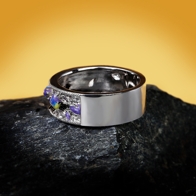 Silver Tone Enamel Inlaid Band Ring With Colorful Floral And Filigree Details Artistic And Vintage-Inspired Accessory Gift For Her Unique And Intricat