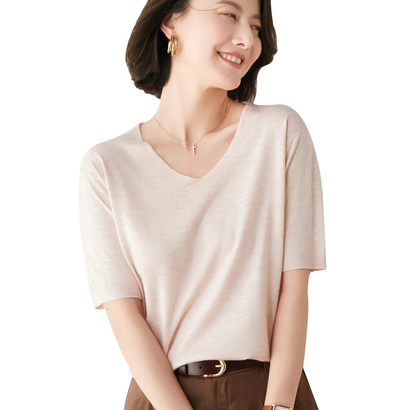 Arrival Summer Cashmere Wool Sweater Spring Summer Women Solid Short Sleeve V-neck Pullovers Knitted Sweaters 250801