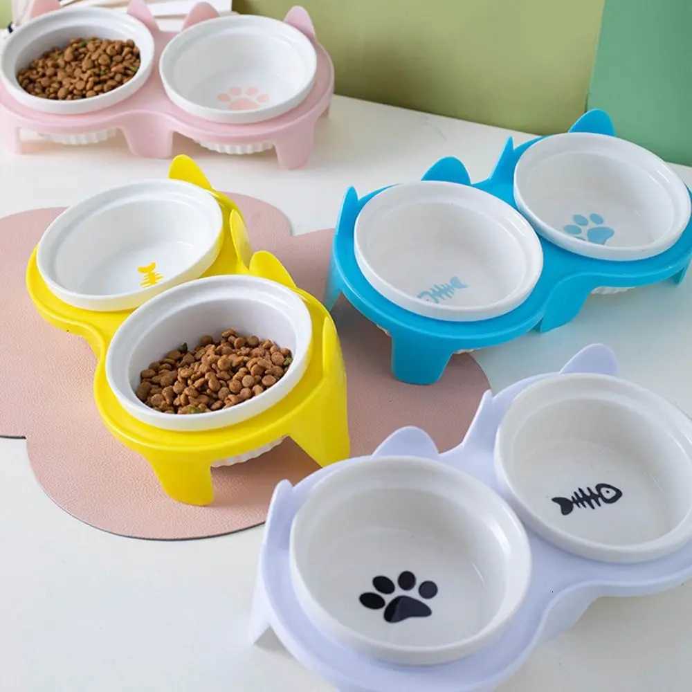 Colorful Cat Bowl Double Bowl Ceramic Pet Feeding Bowl Cervical Protection High Foot Diagonal Cat Food Pot For Drinking Feeding Y250806