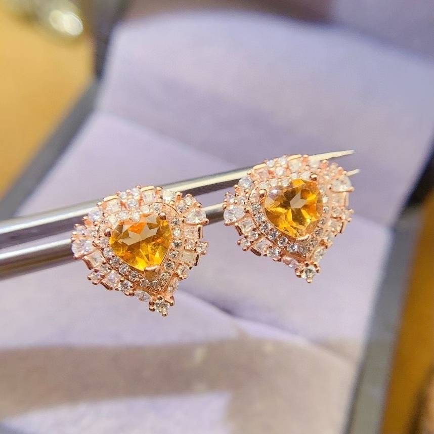 Cute 925 silver heart gemstone studs earrings 6mm VVS grade natural citrine stud earrings allergy free 18K gold plated yellow crystal silver jewelry