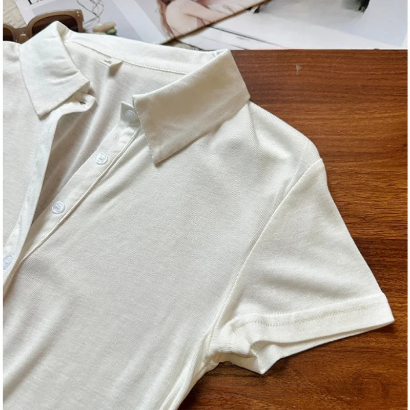 2025 Summer Polo Collar Womens Tshirts Solid Buttons Short Sleeve Bottom Korean Shirts Slim Knitwear Tops Female 250729