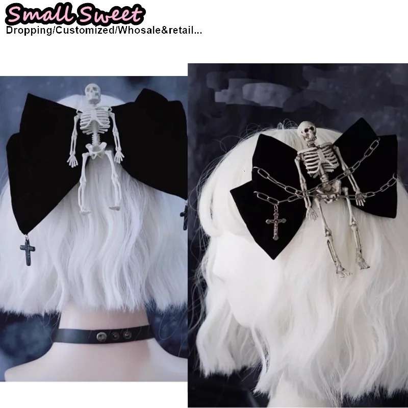 Subculture Halloween Women Gothic Lolita Punk Y2K Girl Harajuku Organza bow Skull chain Hair Accessories Hair Clips Hairpin clip 250730