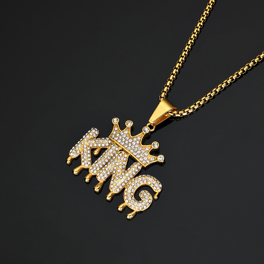 Hip Hop Crown KING Pendant Necklace Stainless Steel Gold Plated Zircons Jewelry