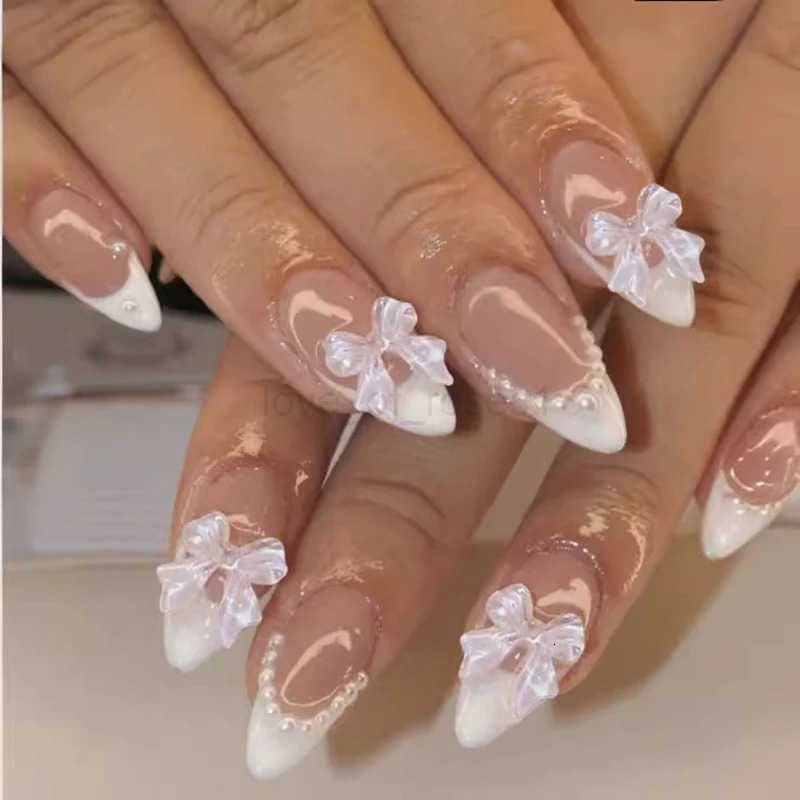 24Pcs Almond White French Press on Nails Pearl Bow False Nails Short Rhinestones Removable Nail Stickers for Women and Girls Z250807