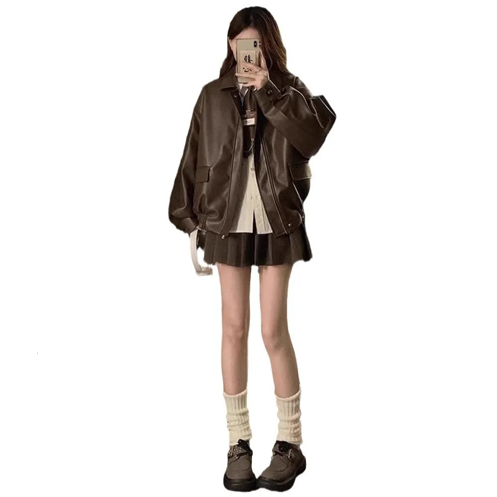 Meridian Brown Biker Leather Jacket Female Spring and Fall American Retro Windproof Pu 250806