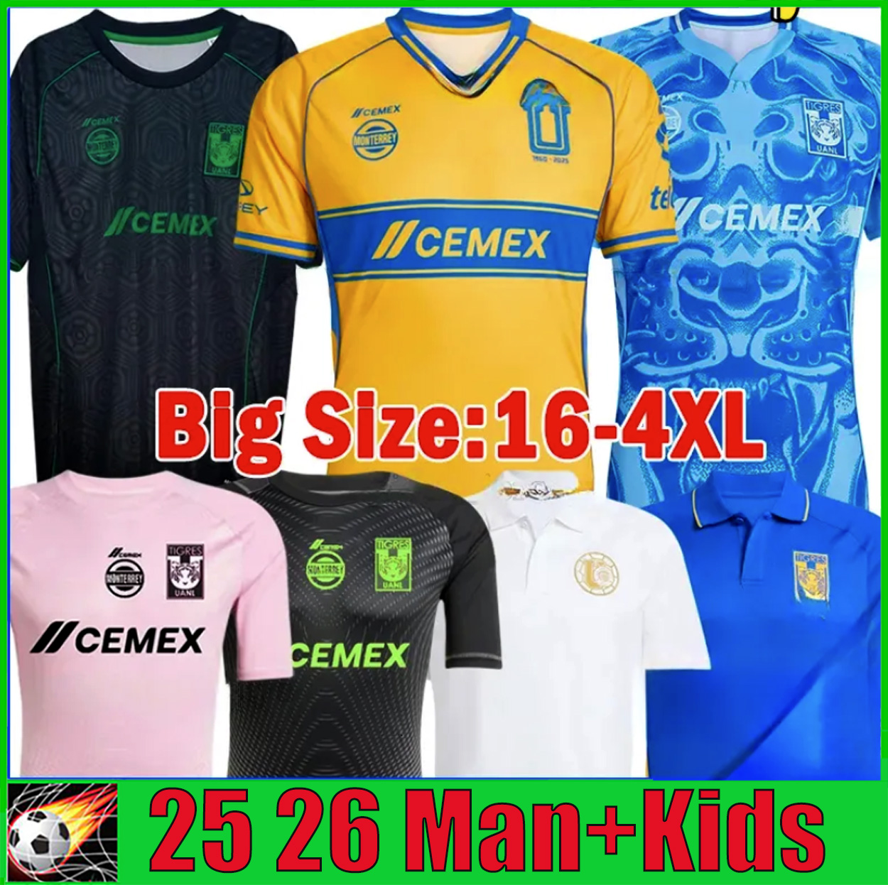 4XL 25 26 GIGNAC Tigres UANL soccer jerseys LIGA MX BRUNETTA S.CORDOVA Player Version Football Shirts 2025 2026 Goalkeeper OZZIEL Men Women Uniforms kids kits set