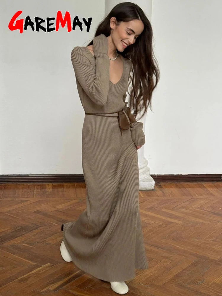 Winter Warm Womens Knitted Dress Elegant V Neck Thick A-line Dress Brown Long Sleeve Vintage Midi Casual Dresses for Women 250804