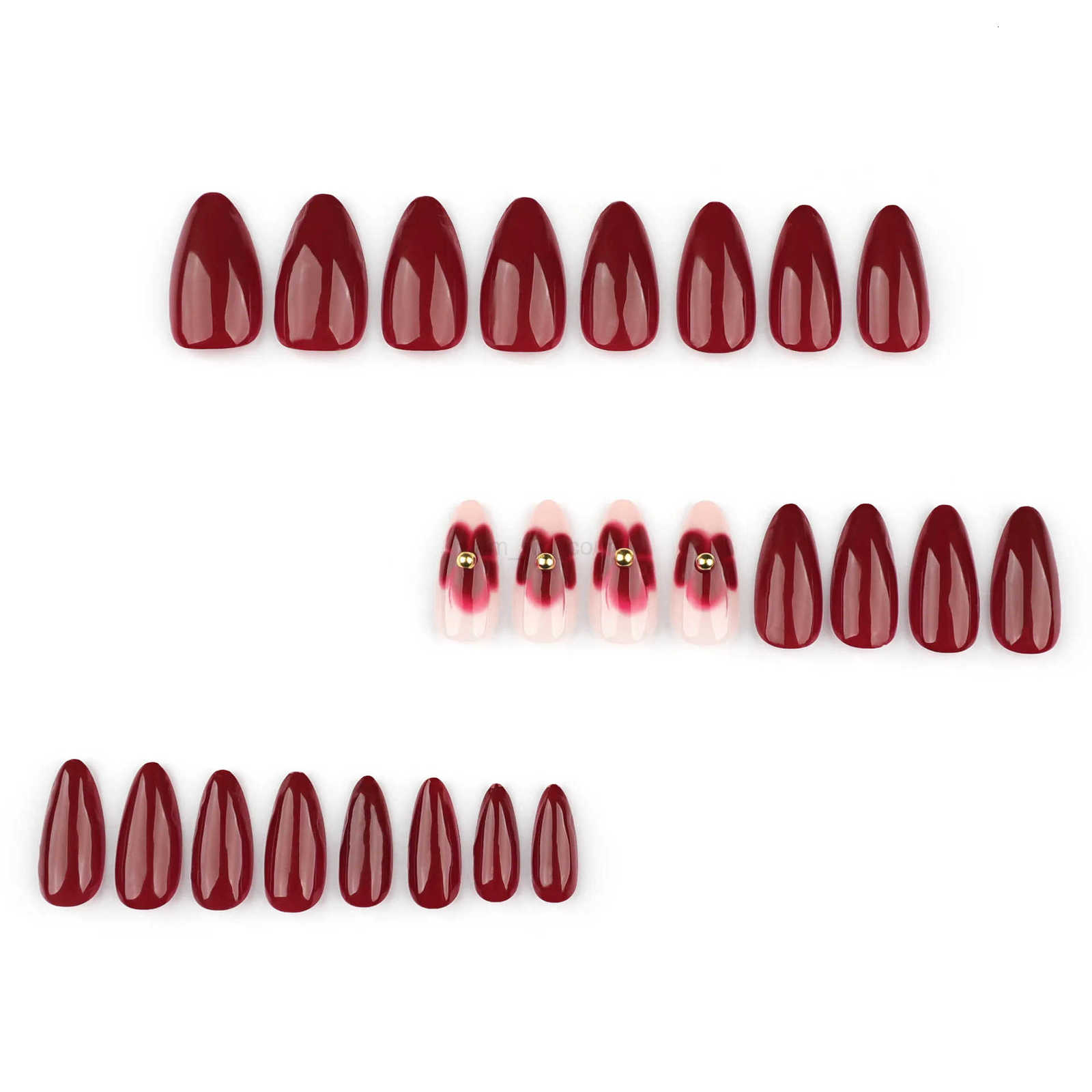 24pcs Womens Nail Set Burgundy Almond Shape Medium Length Solid Color with Floral Golden Dust Design Fake Nails for Women/Girls M250807